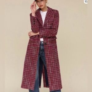 Avec Les Filles NWOT Women's pink navy tweed Plaid Long Coat Size M